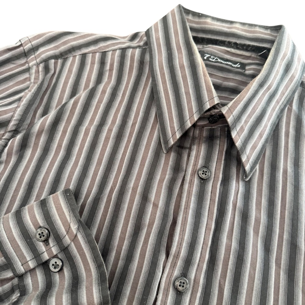 7 Diamonds Mens Large Black‎ Grey Brown Striped Cotton Long Sleeve Button Down
